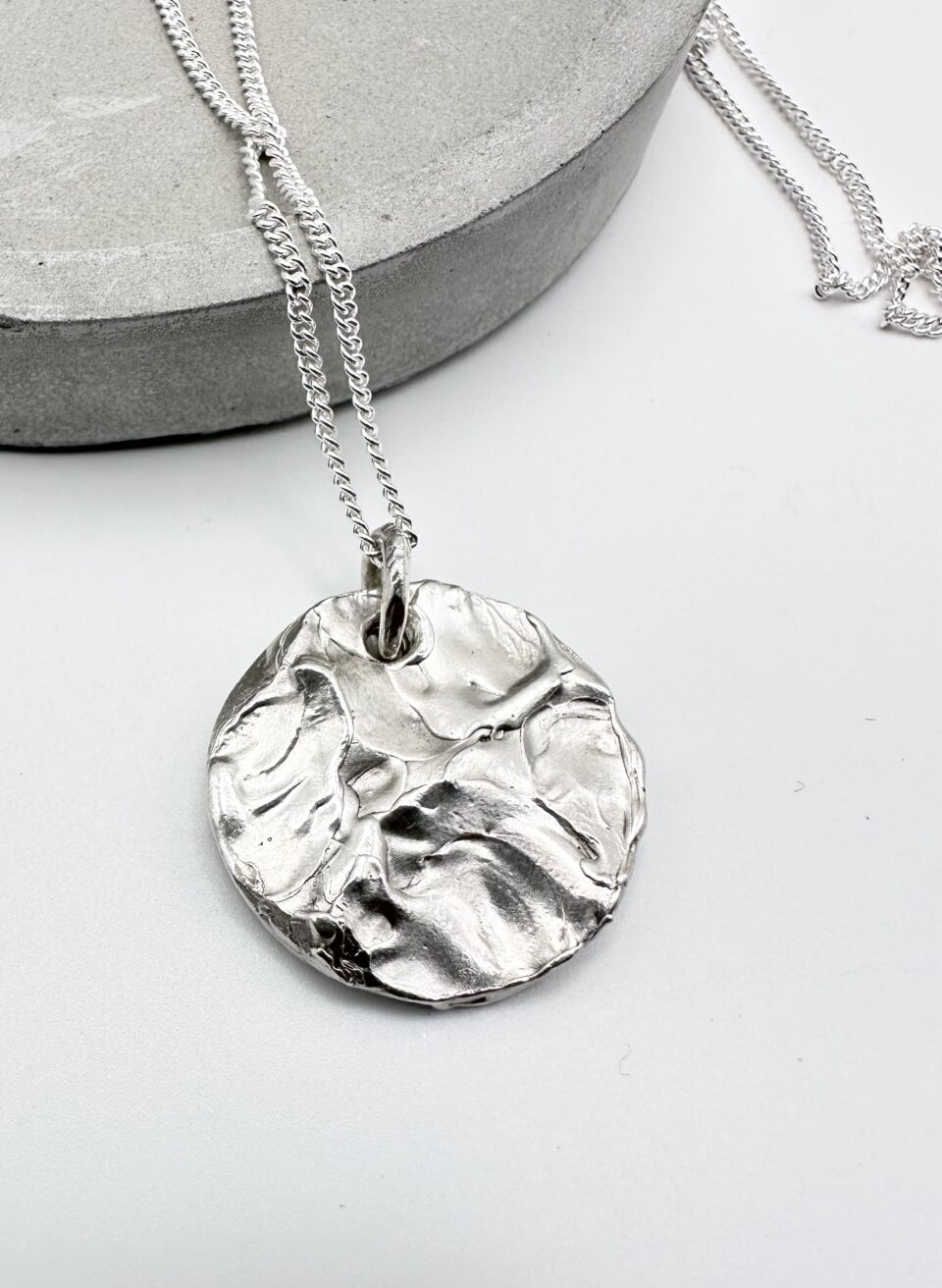 handmade sterling silver textured disc pendant necklace