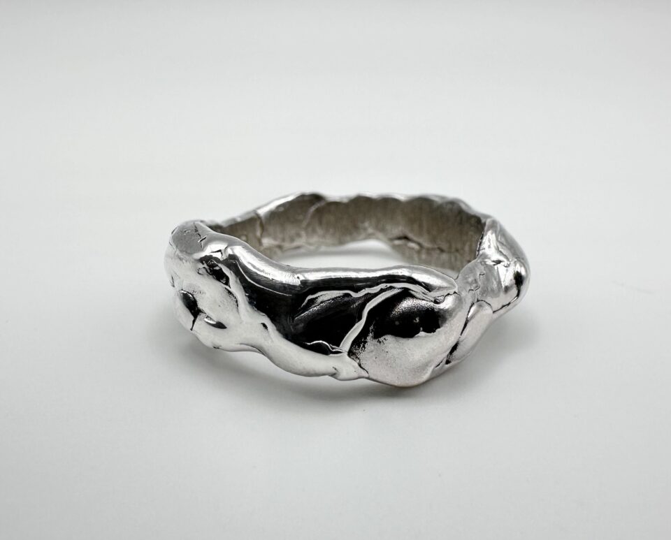 handmade molten silver ring with organic textured band by Bohdee Jewellery