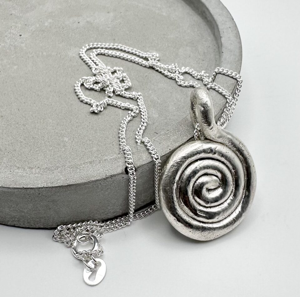 handmade spiral silver pendant necklace melted silver organic texture”