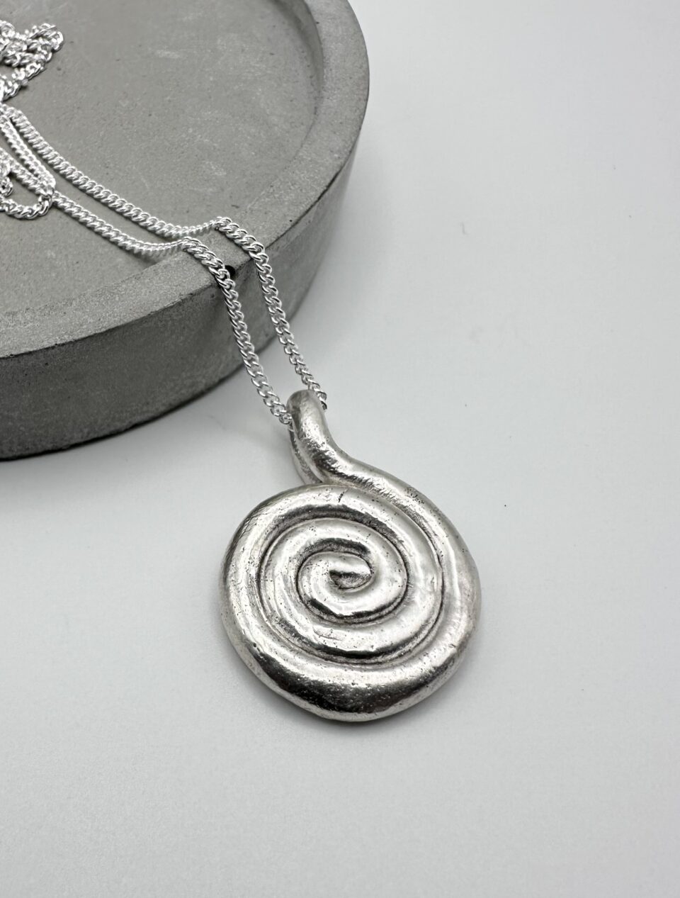 “handmade spiral silver pendant necklace melted silver organic texture”